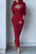 Burgundy Fashion Street Print Patchwork Hooded Collar Long Sleeve Two Pieces