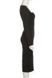 Black Sexy Casual Solid Slit Square Collar Long Sleeve Dresses