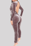 Grey Sexy Casual Solid Backless Fold O Neck Skinny Jumpsuits