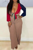 Khaki Sexy Solid Split Joint V Neck Long Sleeve Two Pieces