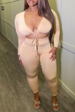 Champagne Sexy Solid Patchwork V Neck Plus Size Two Pieces