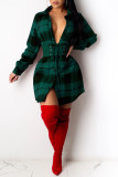 Red Casual Plaid Print Split Joint Buckle Turndown Collar Shirt Dress Dresses(Without Belt)
