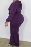 Purple Fashion Casual Solid Cardigan Pants Hooded Collar Plus Size Two Pieces