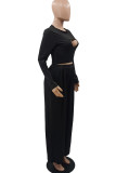 Black Fashion Casual Solid Hollowed Out O Neck Long Sleeve Two Pieces