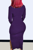 Dark Purple Fashion Casual Solid Slit Turtleneck Long Sleeve Dresses