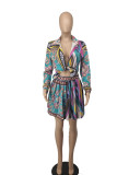 Multi-color Casual Print Patchwork Buckle Fold Turndown Collar Long Sleeve Two Pieces