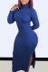 Dark Blue Fashion Casual Solid Slit Turtleneck Long Sleeve Dresses