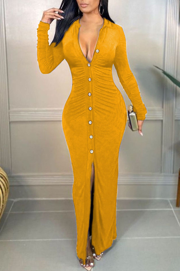Yellow Sexy Solid Split Joint Buckle Fold Turndown Collar A Line Dresses