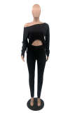 Black Sexy Solid Split Joint One Shoulder Long Sleeve Two Pieces