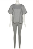 Grey Fashion Casual Solid Backless Off the Shoulder Short Sleeve Two Pieces