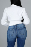 White Fashion Casual Solid Bandage Split Joint Turndown Collar Tops