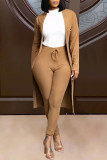 Khaki Fashion Solid Cardigan Pants Long Sleeve Two Pieces