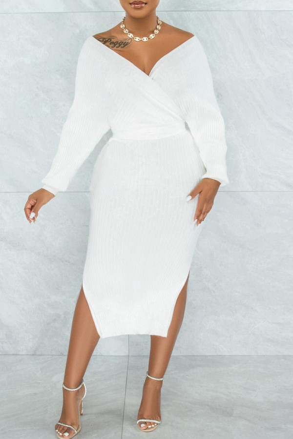 White Sexy Solid Patchwork Slit With Belt V Neck Pencil Skirt Dresses