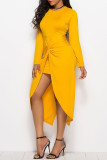 Yellow Fashion Casual Solid Split Joint Asymmetrical O Neck Long Sleeve Dresses