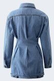 Medium Blue Fashion Casual Solid Split Joint Turndown Collar Long Sleeve Regular Denim Dresses