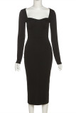 Black Sexy Casual Solid Slit Square Collar Long Sleeve Dresses