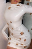 White Sexy Casual Solid Hollowed Out O Neck Long Sleeve Dresses