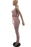 Pink Sexy Solid Split Joint Asymmetrical Strapless Long Sleeve Two Pieces