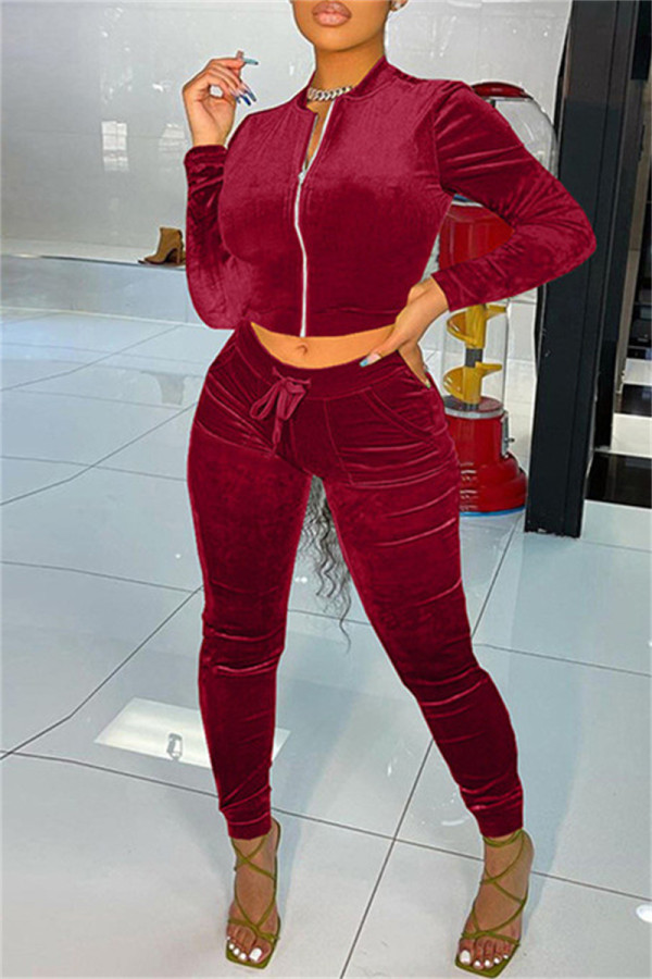 Burgundy Fashion Casual Solid Basic Zipper Collar Two Pieces