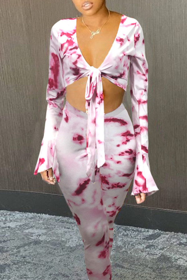 White Sexy Casual Print Bandage V Neck Long Sleeve Two Pieces