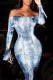 Blue Fashion Sexy Print Backless Off the Shoulder Long Sleeve Dresses