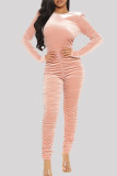 Pink Sexy Casual Solid Backless Fold O Neck Skinny Jumpsuits