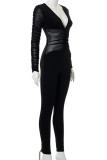 Black Fashion Sexy Patchwork Solid See-through V Neck Skinny Jumpsuits