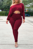 Burgundy Sexy Solid Split Joint One Shoulder Long Sleeve Two Pieces