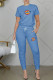 Light Blue Fashion Casual Print Patchwork O Neck Short Sleeve Two Pieces