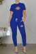 Royal Blue Fashion Casual Print Patchwork O Neck Short Sleeve Two Pieces