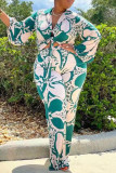 Green Casual Print Split Joint Turndown Collar Long Sleeve Two Pieces