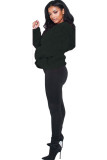 Black hooded Solid Zippered Pure Long Sleeve Coats & Cardigan