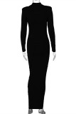Black Fashion Sexy Solid Hollowed Out Half A Turtleneck Long Sleeve Dresses