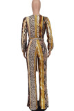 Yellow Brown Casual Print Patchwork V Neck Straight Jumpsuits