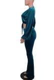 Blue Sexy Casual Solid Bandage Zipper Collar Long Sleeve Two Pieces