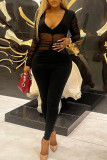 Black Fashion Sexy Patchwork Solid See-through V Neck Skinny Jumpsuits