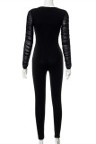 Black Fashion Sexy Patchwork Solid See-through V Neck Skinny Jumpsuits