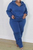 Blue Fashion Casual Solid Cardigan Pants Hooded Collar Plus Size Two Pieces