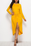 Blue Fashion Casual Solid Split Joint Asymmetrical O Neck Long Sleeve Dresses