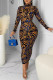 Light Brown Fashion Sexy Print Backless Half A Turtleneck Long Sleeve Dresses