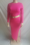 Rose Red Sexy Solid High Opening O Neck Plus Size Two Pieces