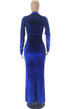 Blue Sexy Solid Split Joint Buckle Fold Turndown Collar A Line Dresses