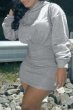 Grey Casual Solid Split Joint Hooded Collar Pencil Skirt Dresses