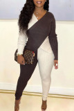 Coffee Casual Elegant Solid Patchwork Asymmetrical V Neck Long Sleeve Two Pieces