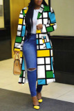 Multicolor Casual Print Patchwork Buttons Turn-back Collar Plus Size Overcoat