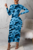 Light Blue Sexy Print Camouflage Print Split Joint O Neck One Step Skirt Dresses