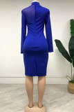 Blue Casual Zipper See-through Asymmetrical Mesh O Neck A Line Dresses