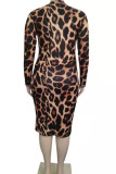 Orange Sexy Print Leopard Split Joint O Neck One Step Skirt Plus Size Dresses