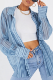 Apricot Casual Striped Split Joint Turndown Collar Tops