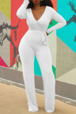 White Sexy Solid Bandage Patchwork V Neck Plus Size Jumpsuits
